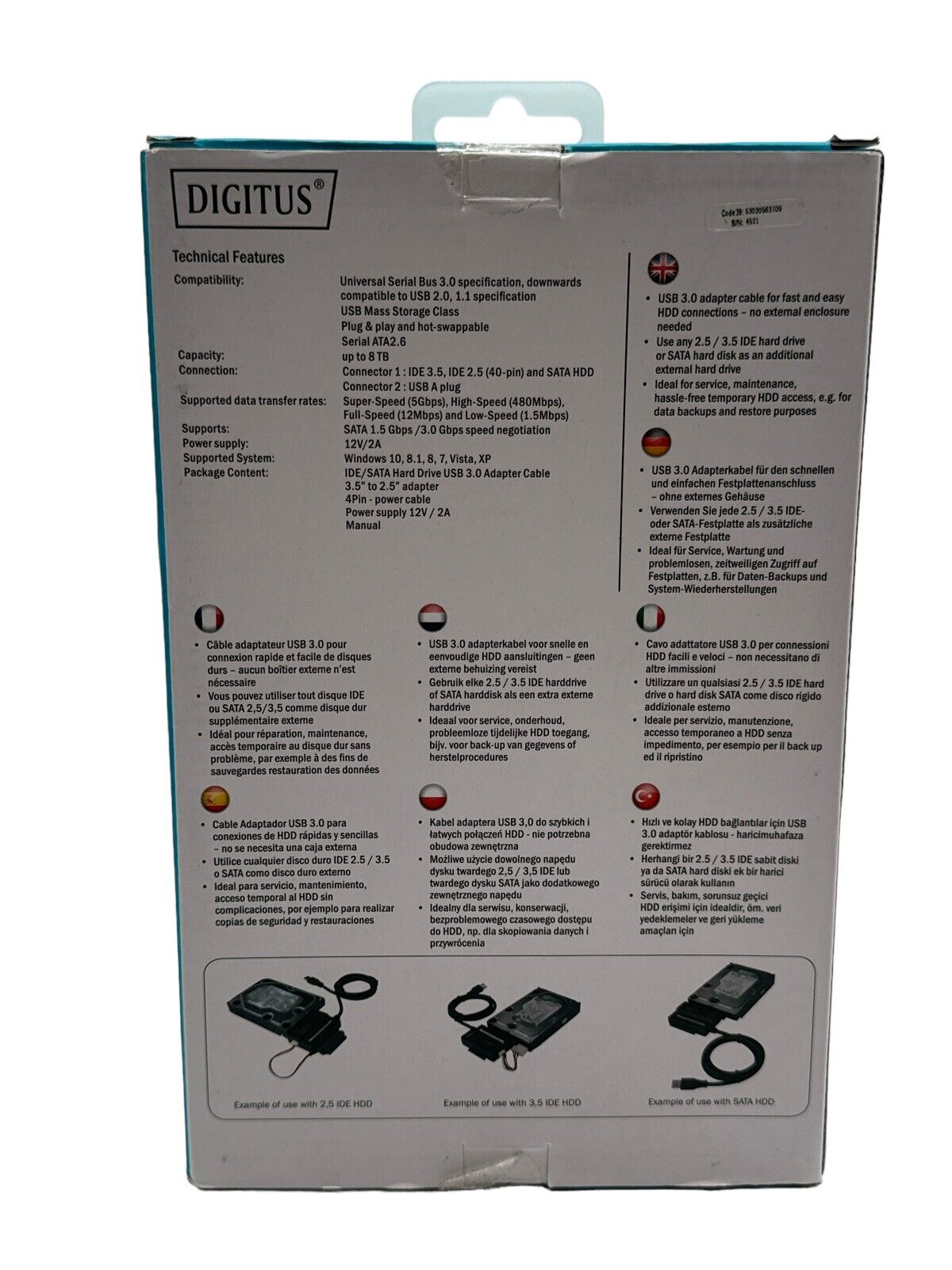 DIGITUS USB3.0 Adapterkabel auf SATA und IDE fuer 6,4cm 2,5Zoll + 8,9cm 3,5Zoll