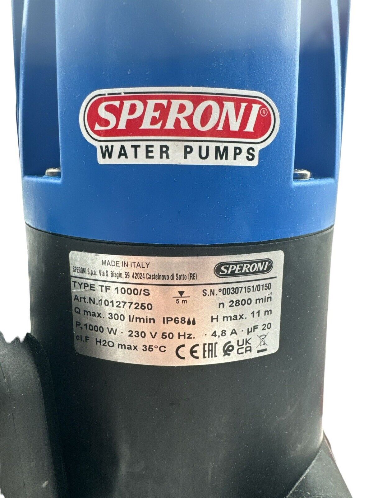 Speroni Elektrische Tauchpumpe Entwässerung TF 1000/S V.230 Hz.50