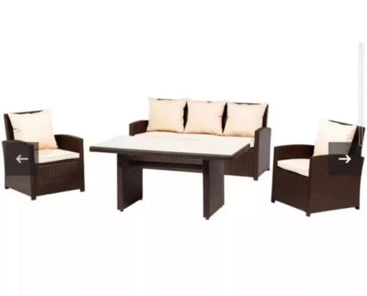 Bovril Lounge Set mit Esstisch Glas-Platte 4 teilig Dunkel Braun Beige